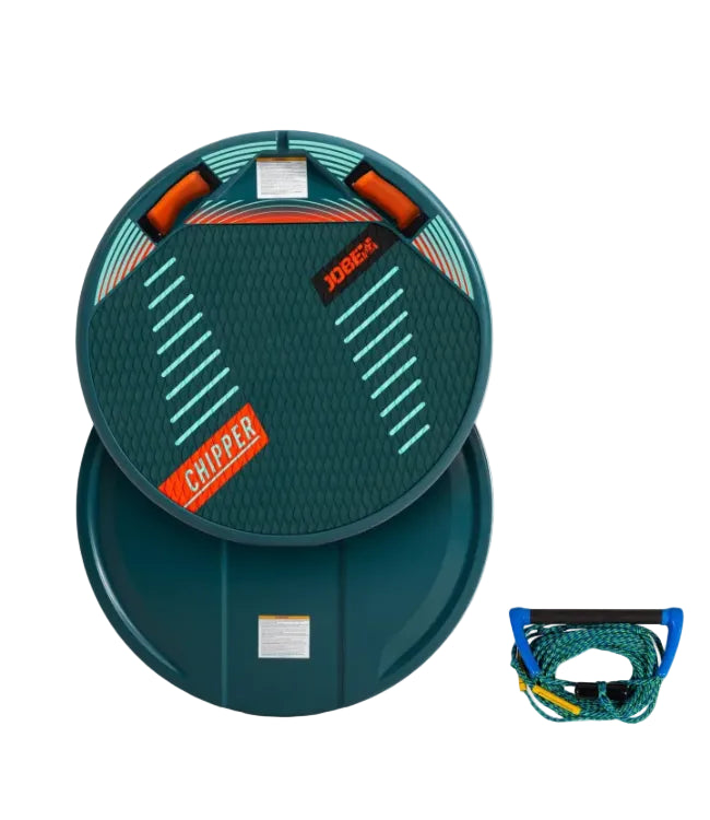 A Jobe's brand circular board set shown on a white background, featuring a dark teal board with a textured grip pad, orange handle grips, and a separate matching dark teal circular base, plus a coiled rope and blue-handled tow bar included.