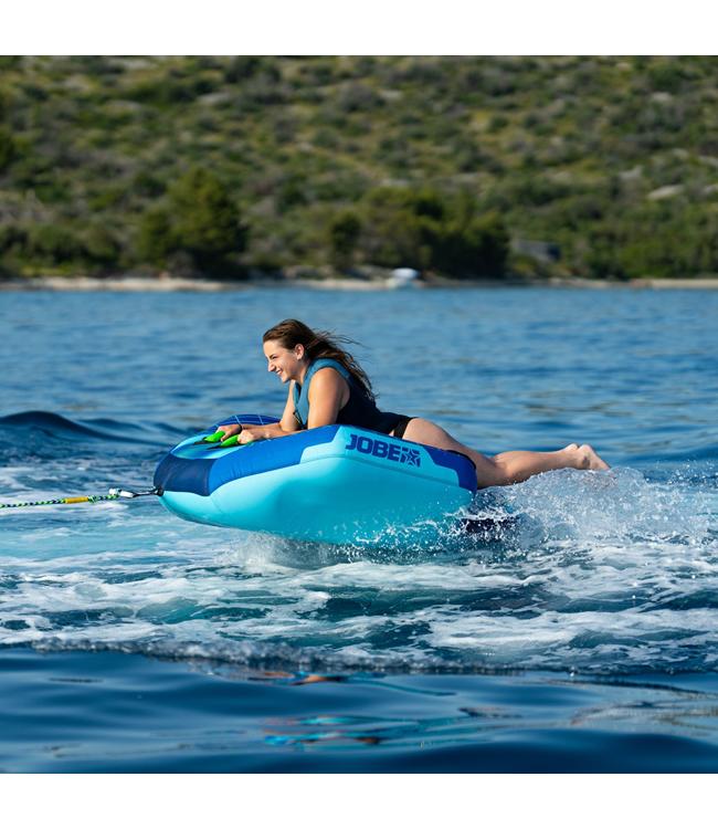 Jobe Airstream 1-person ski tube - action shot of rider leaning into a turn on the tube