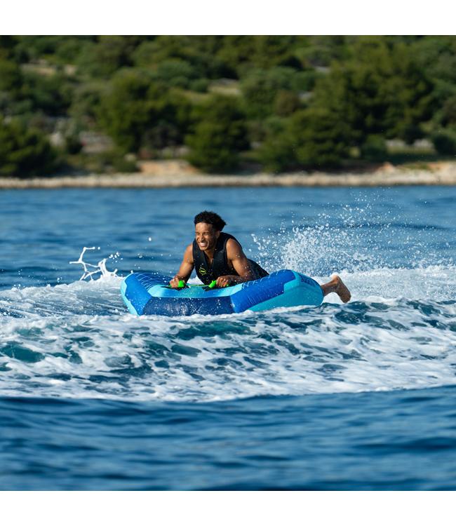 Jobe Airstream 1-person ski tube - action shot of rider on the tube behind a boat