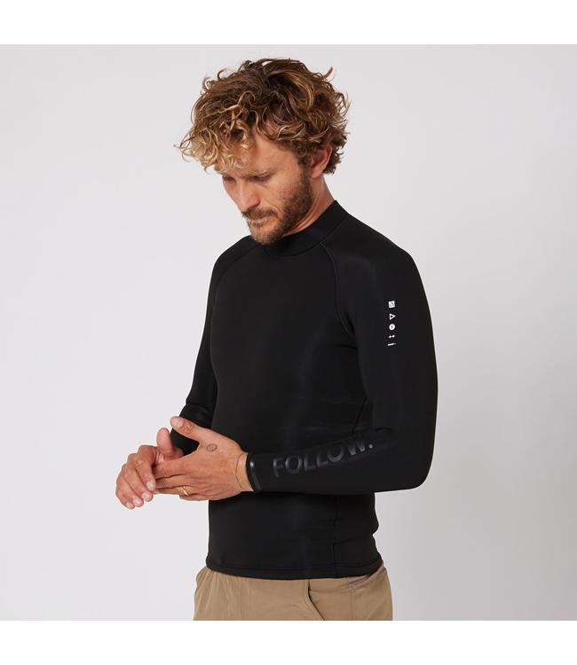Follow P1 Mens 1mm Heater Top Black - side view of the 1mm stretch neoprene fit and seams