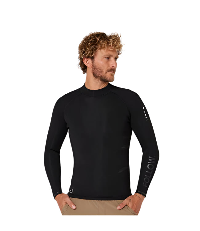 Follow P1 Mens 1mm Heater Top Black - front studio view of the lightweight neoprene wetty top