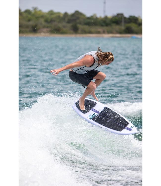 Ronix Flyweight Atlantik Wakesurfer - rider carving through the trough of the wave