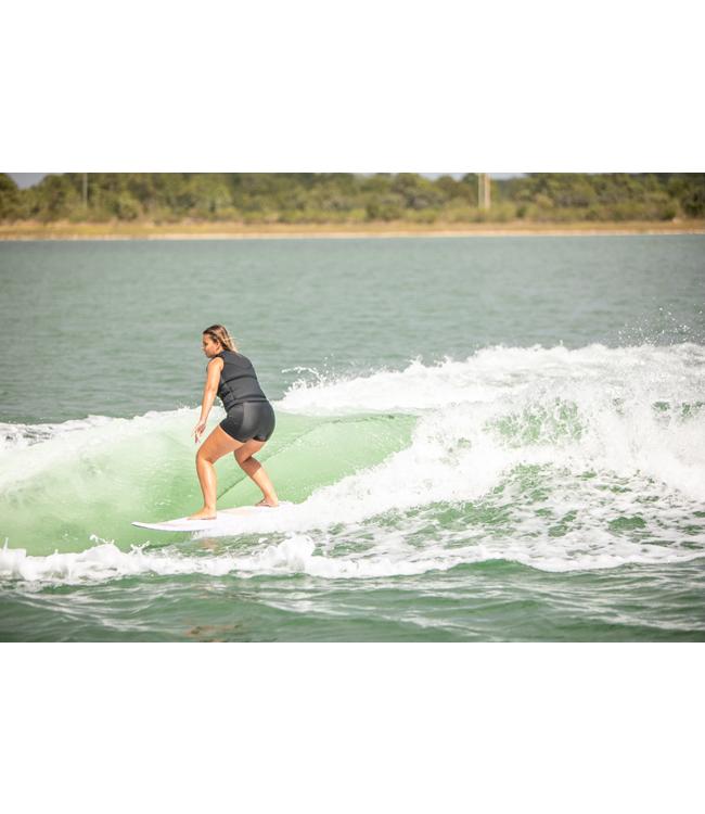Ronix Womens Koal Classic Fish Wakesurfer - rider trimming along a clean green wave