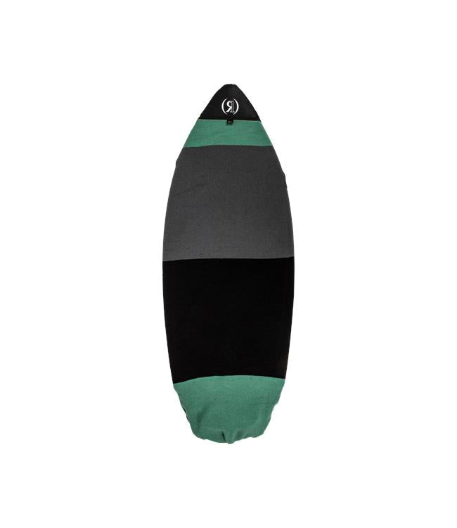 Ronix Surf Sock - side angle of pointed nose wakesurf board sock in jade, grey and black