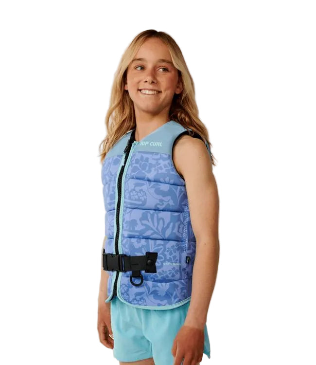 Rip Curl Dawn Patrol Blue/Navy Girls Life Vest - alternate front angle showing segmented neoprene panel layout