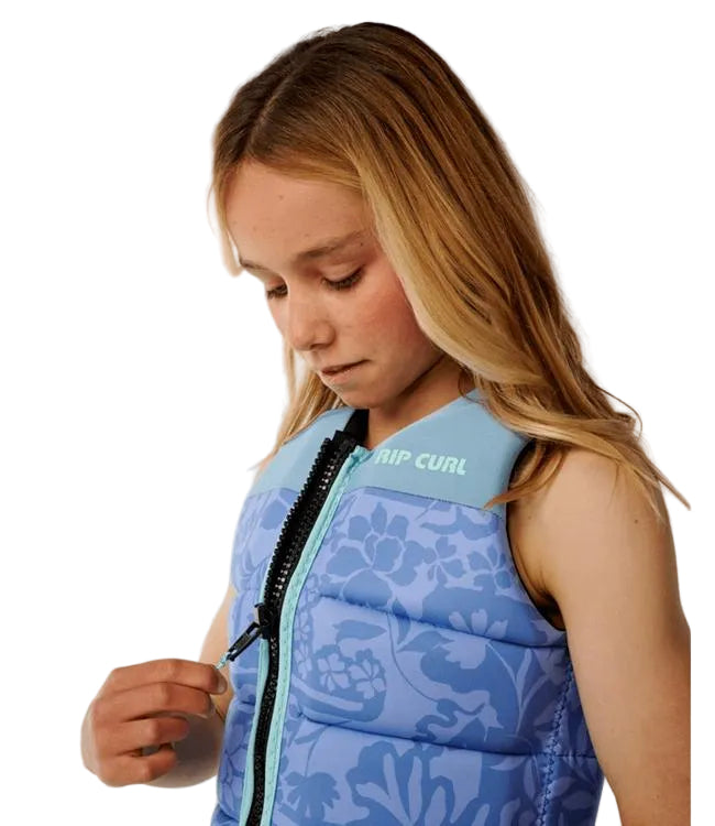 Rip Curl Dawn Patrol Blue/Navy Girls Life Vest - detail of buckle closure and flexible neoprene construction