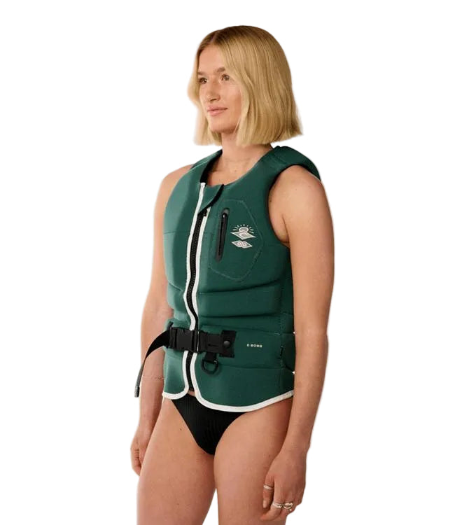 Rip Curl E-Bomb Dark Green Womens Life Vest - front view showing Level 50S certified segmented neoprene PFD