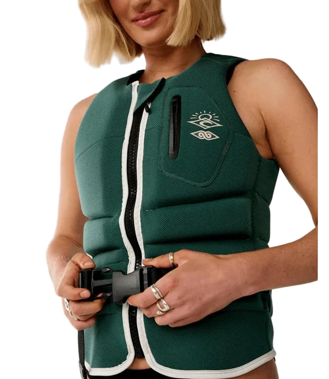 Rip Curl E-Bomb Dark Green Womens Life Vest - alternate angle showing flexible side panels and back construction