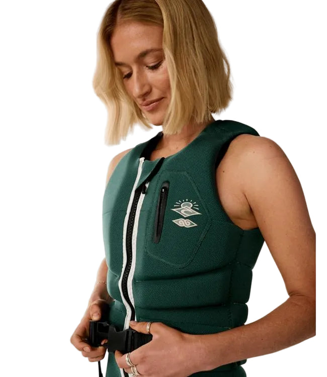 Rip Curl E-Bomb Dark Green Womens Life Vest - detail of quick-drain neoprene panels and buckle closure