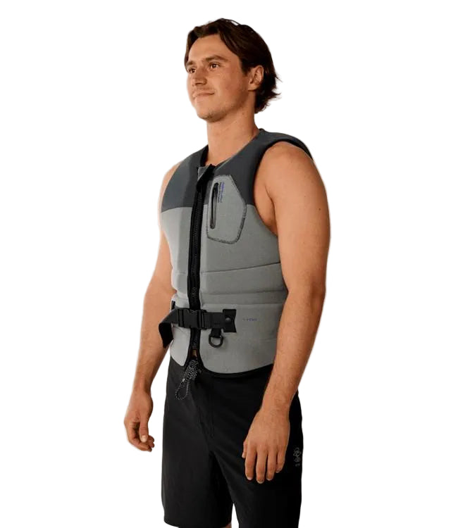 Rip Curl E-Bomb Pro Charcoal Grey Mens Life Vest - front view showing Level 50S certified PFD construction