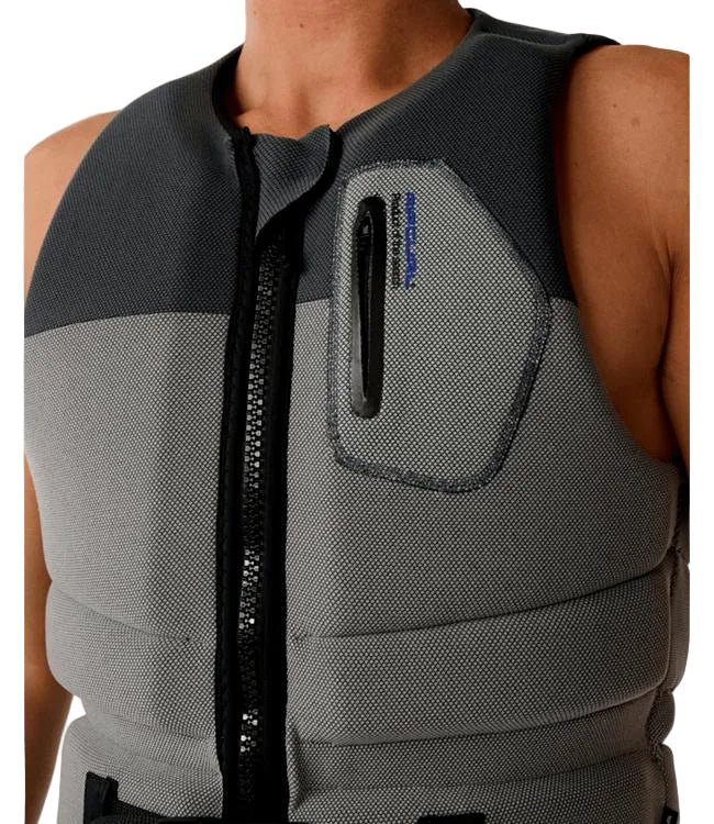 Rip Curl E-Bomb Pro Charcoal Grey Mens Life Vest - detail of buckle closure and lightweight breathable neoprene