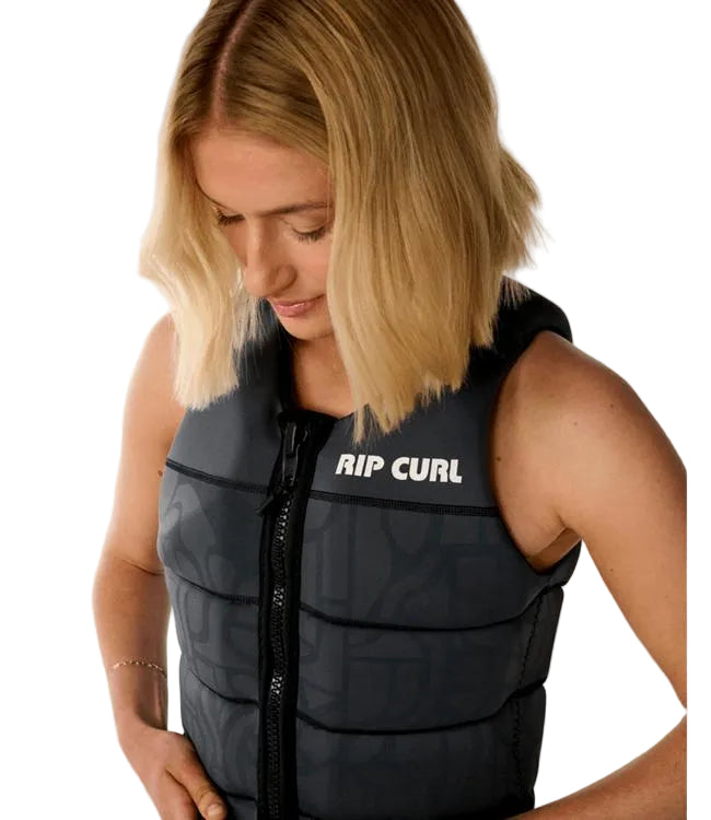 Rip Curl Dawn Patrol Washed Black Womens Life Vest - detail of kidney belt buckle and washed black neoprene finish