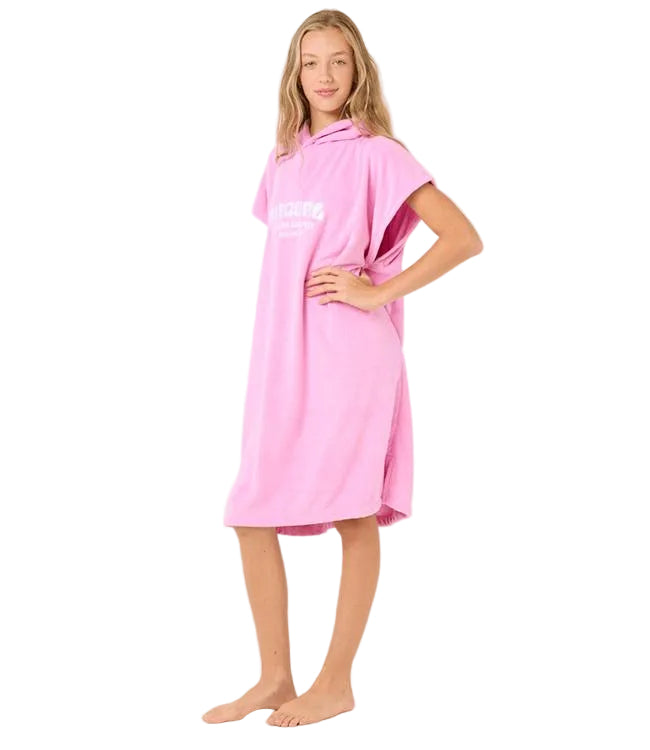 Rip Curl Classic Surf Girls Hooded Towel Pink - front view showing cotton terry construction for young water sports riders