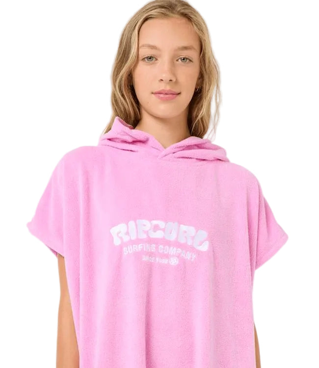 Rip Curl Classic Surf Girls Hooded Towel Pink - detail of hood and Rip Curl branding for post-session warmth