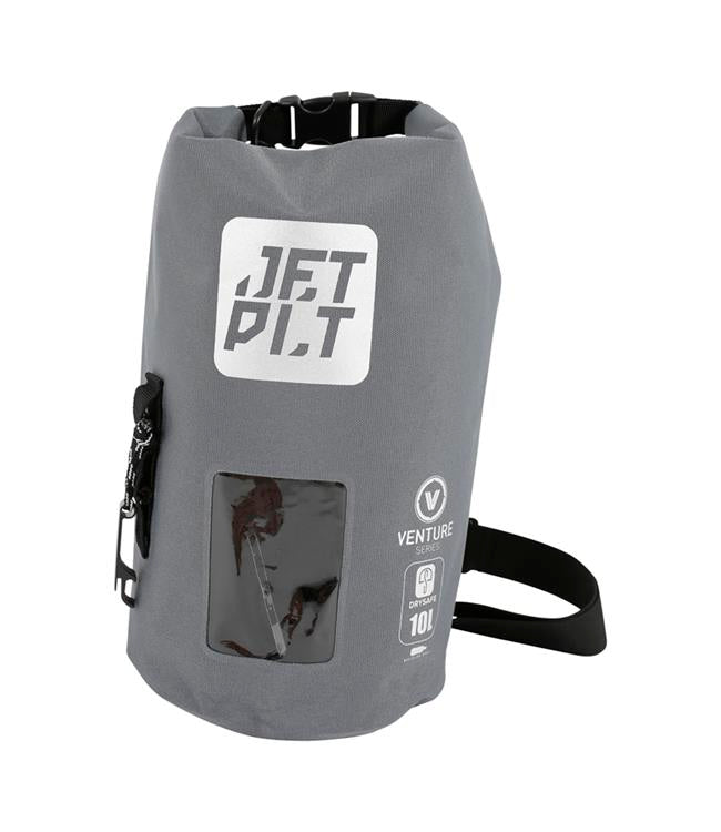 Jetpilot Venture 10L Charcoal Drysafe Bag front view showing roll-top closure and welded seams