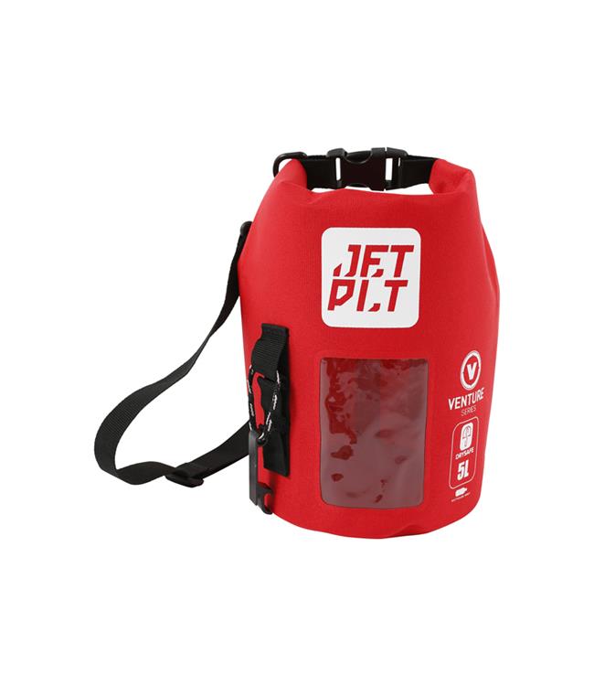 Jetpilot Venture 5L Red Drysafe Bag front view showing high-vis roll-top closure