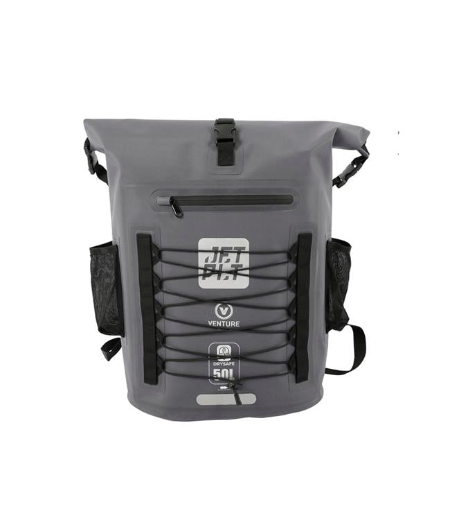 Jetpilot Venture 50L Black Waterproof Bag front view showing roll-top closure and 500D tarpaulin shell