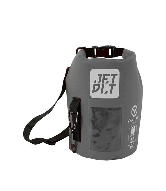 Jetpilot Venture 5L Charcoal Drysafe Bag front view showing roll-top closure and welded seams