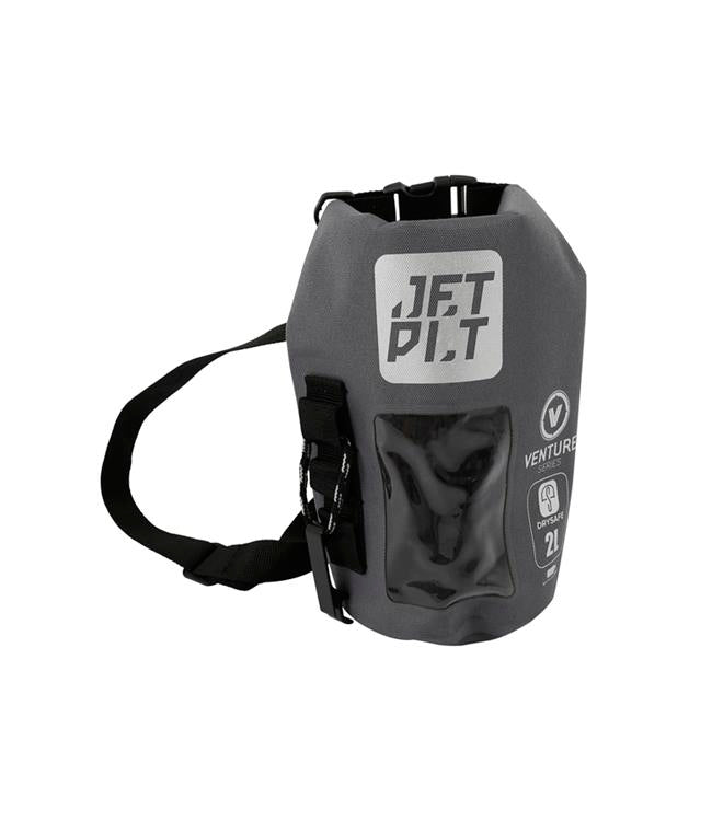 Jetpilot Venture 2L Charcoal Drysafe Bag front view showing roll-top closure and welded seams