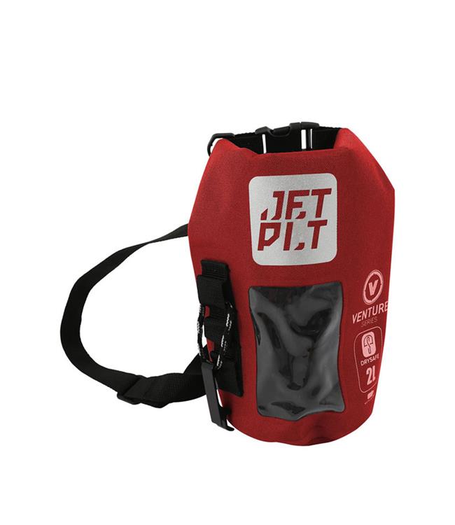 Jetpilot Venture 2L Red Drysafe Bag front view showing high-vis roll-top closure