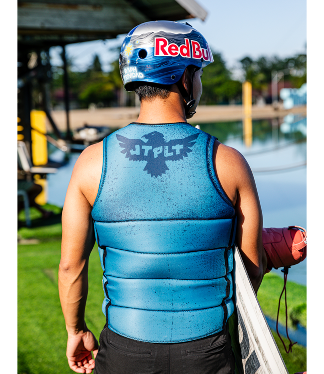 Jetpilot Raph X1 Deep Teal Mens Life Vest worn lifestyle portrait at the lake on dock