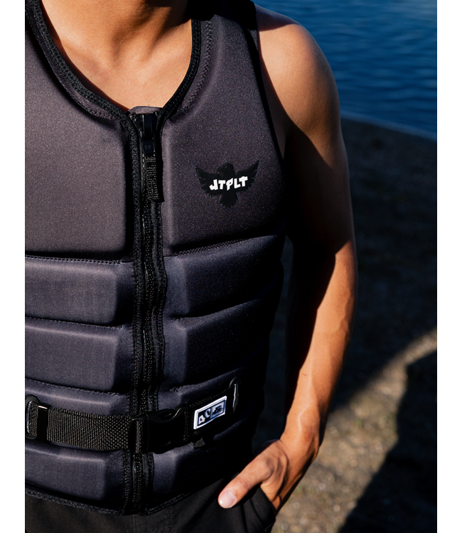 Jetpilot Raph X1 Black Mens Life Vest on-water wakeboarding action with full body movement