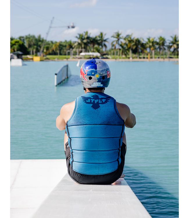 Jetpilot Raph X1 Deep Teal Mens Life Vest rider close portrait near boat at sunset on lake