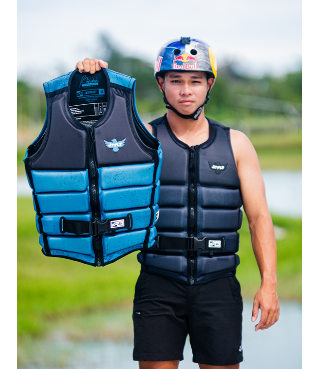 Jetpilot Raph X1 Deep Teal Mens Life Vest on-water wakeboard ride with full athletic movement