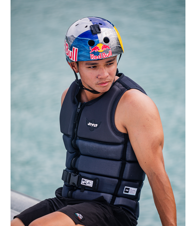 Jetpilot Raph X1 Black Mens Life Vest in-action wakeboard ride showing torso panel flex