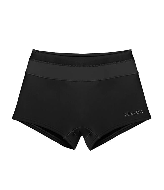 Follow Womens Wetsuit Shorts Black - front view of the neoprene shorts that protect against water entry in falls