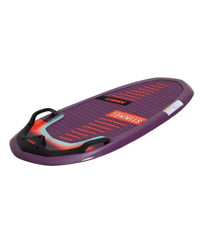 A purple wakeboard board with orange and black grip tape, a black handlebar, and a small red and blue graphic near the front, shown on a plain white background.