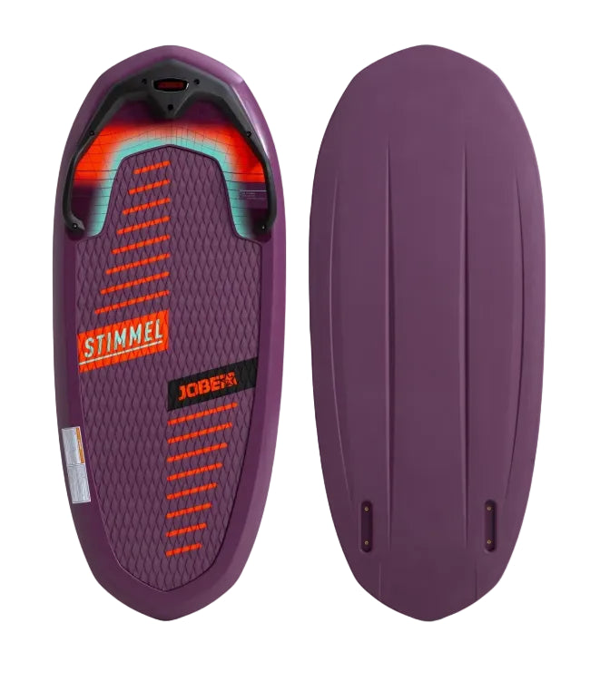 Two views of a purple Jober Stimmel wakeboard boogie board on a white background, showing the textured grip pad with orange and teal graphics on one side and the smooth deck on the other.
