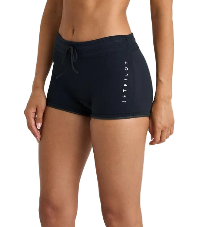Jetpilot Corp Black Ladies High Waisted Neo Shorts 2.5 inch front view neoprene wetsuit short