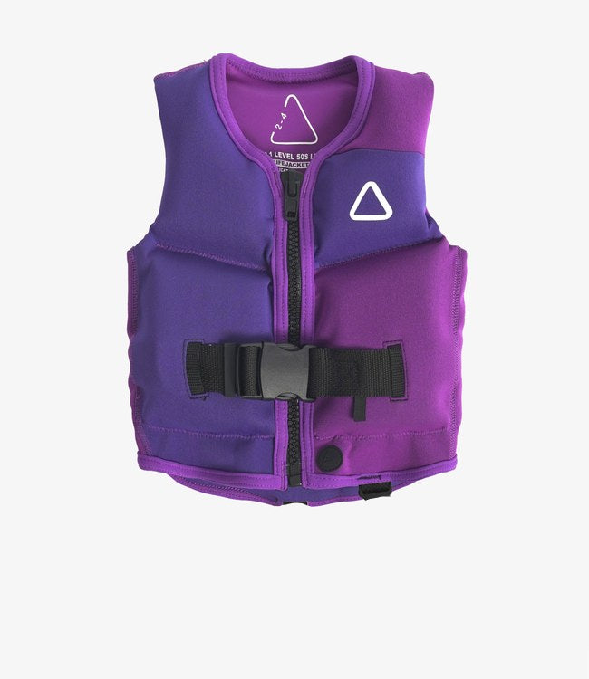 Follow Corp Junior Purple Life Vest for kids - front view of Level 50S certified buoyancy panels