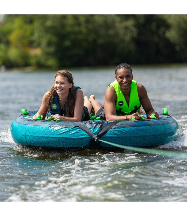 Jobe Compound 2-person ski tube - action shot of two riders on the tube being towed