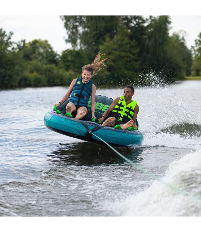 Jobe Compound 2-person ski tube - action shot of riders in flat deck mode