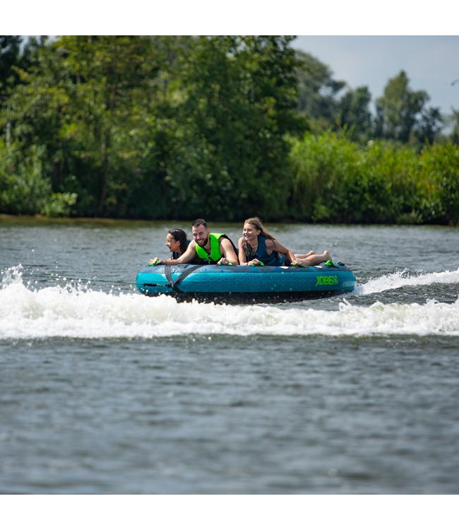 Jobe Compound 3-person ski tube - action shot of riders in backrest mode on the water