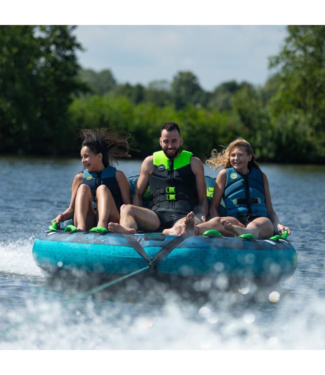 Jobe Compound 3-person ski tube - action shot of three riders in flat deck mode