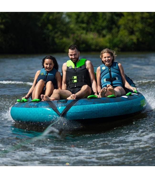 Jobe Compound 3-person ski tube - action shot of three riders behind a boat