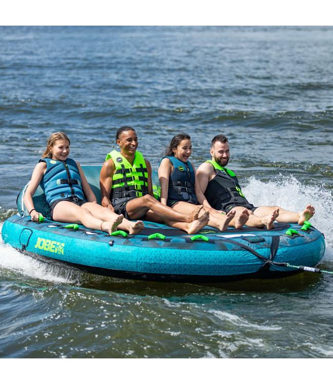 Jobe Compound 4-person ski tube - action shot of riders in backrest mode on the water