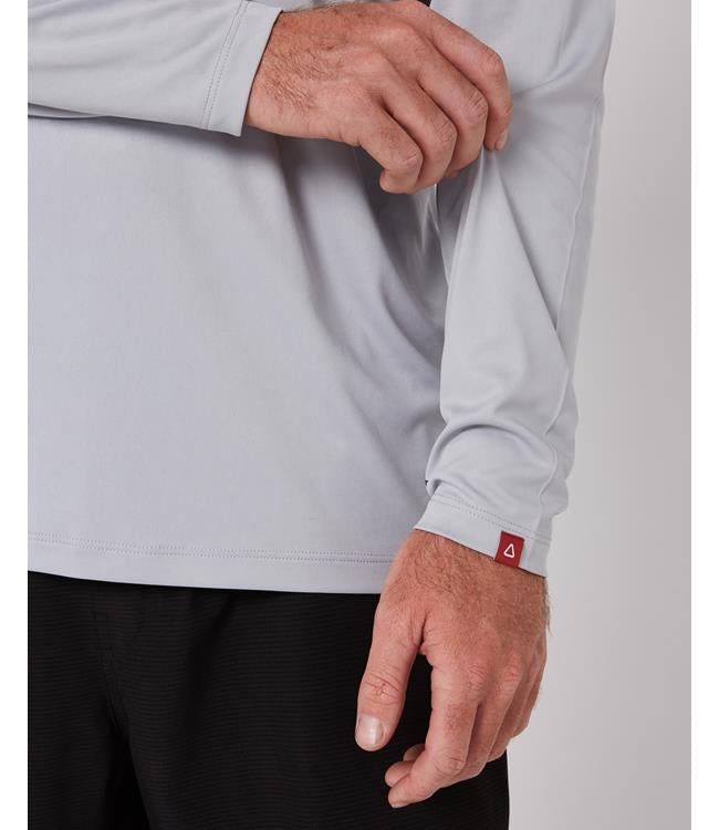 Follow Sun Tee Long Sleeve Light Grey Mens - angled view of the sun top sleeve and seams