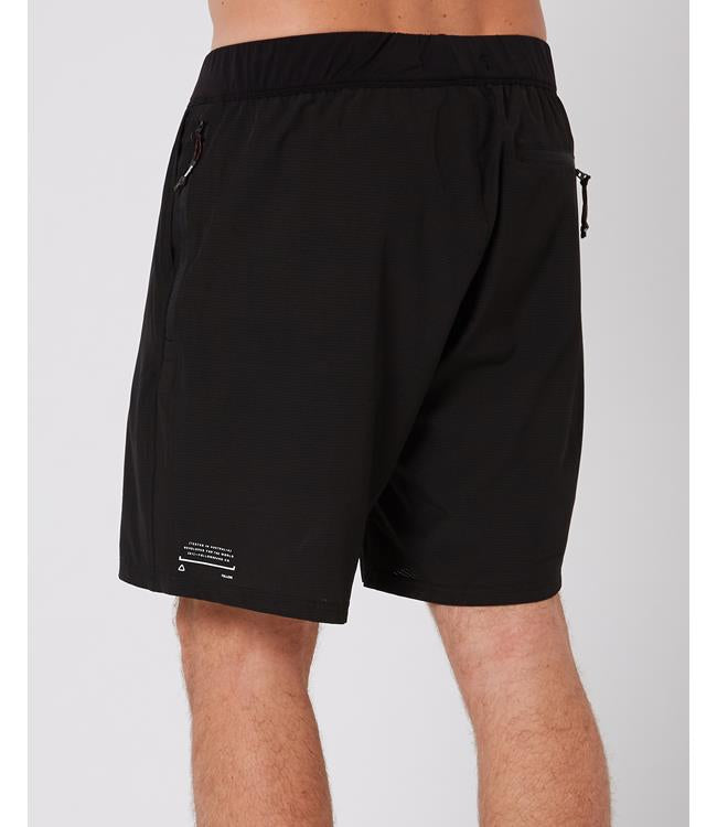 Follow Tech Shorts Black Mens - angled view of the leg and stretch ride short fabric