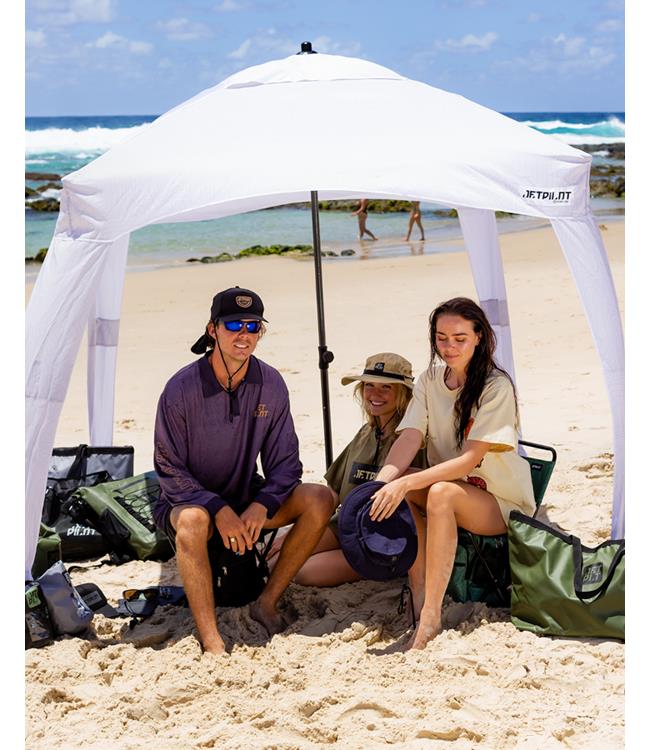 Jetpilot Grey Cabana beach shelter fully deployed showing UPF sun protection canopy and side panels
