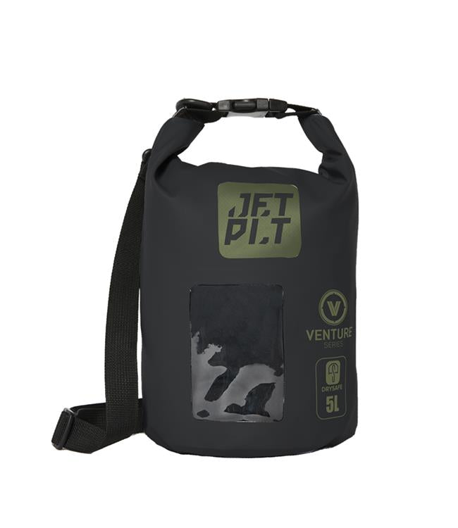 Jetpilot Venture 5L Black Waterproof Bag front view showing tarpaulin shell and sealed roll-top closure