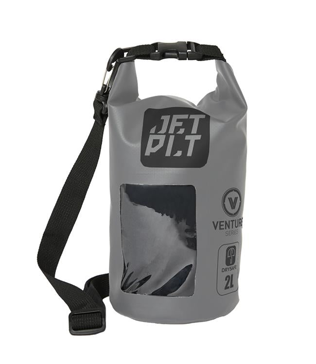 Jetpilot Venture 2L Grey Waterproof Bag front view showing compact tarpaulin shell and roll-top closure