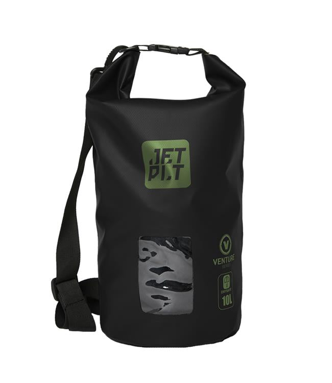 Jetpilot Venture 10L Black Waterproof Bag front view showing 500D tarpaulin shell and roll-top closure