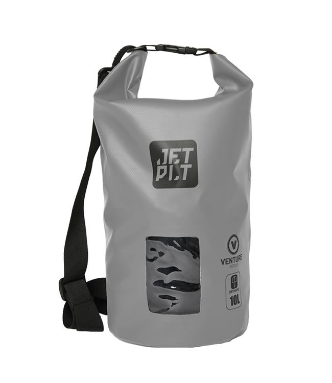 Jetpilot Venture 10L Grey Waterproof Bag front view showing tarpaulin shell and roll-top buckle closure