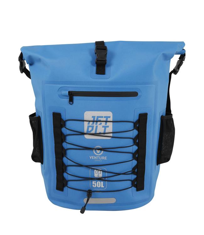 Jetpilot Venture 50L Blue Waterproof Bag front view showing tarpaulin shell and roll-top closure