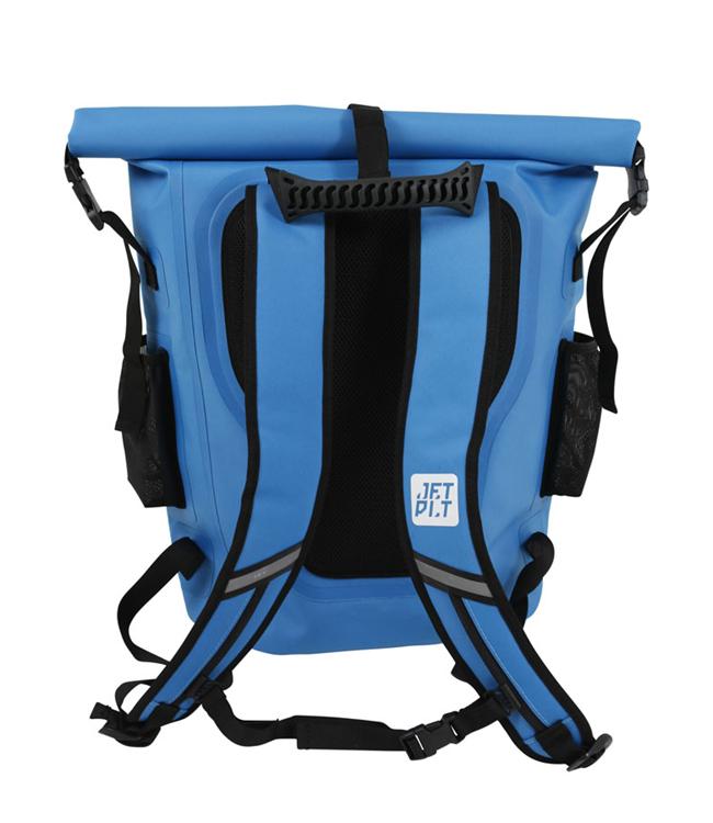 Jetpilot Venture 50L Blue Waterproof Bag side angle showing welded seams and carry handle