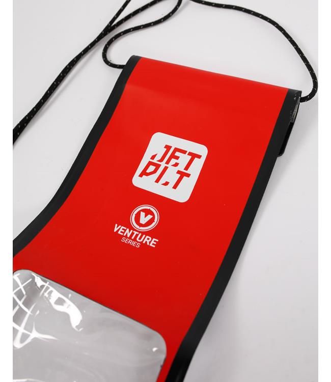 Jetpilot Venture Red Waterproof Phone Pouch rear view showing brand stamp and float-strap attachment